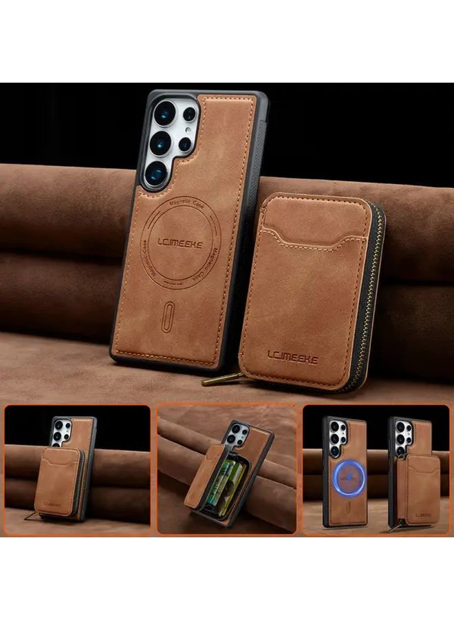 Galaxy S25 FE Wallet Case Coffee Color Magnetic Detachable Kickstand Shockproof Cover - Image 4